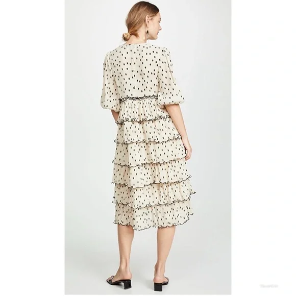 GANNI Lowell Tiered Polka Dot Plisse Beige & Black Midi Dress conservative pleat